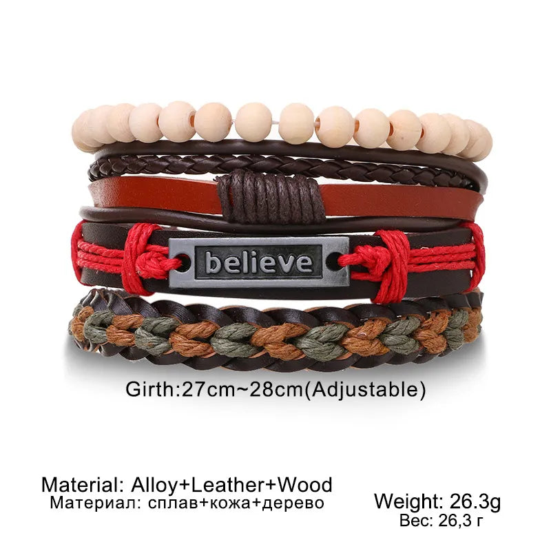 4Pcs/ Set Braided Wrap Leather Bracelets for Men Vintage Life Tree Rudder Charm Wood Beads Ethnic Tribal Wristband Rope Bracelet