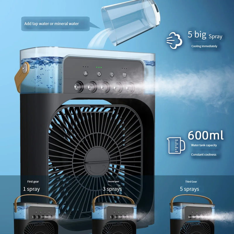 Pequeno ventilador cinco furos umidificação pequena refrigeração ar condicionado mini ventilador refrigerado a água silencioso refrigerador de ar