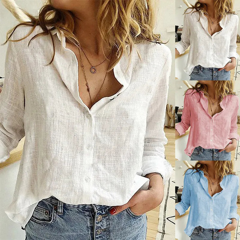 Camisas de linho de algodão elegantes femininas camisas de lazer botão lapela cardigan topo senhora solta manga longa camisa de grandes dimensões casual camiseta