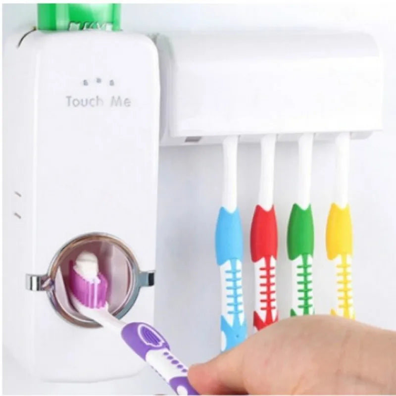 Distribuidor aplicador de pasta de dente e suporte de escova para uso em banheiro