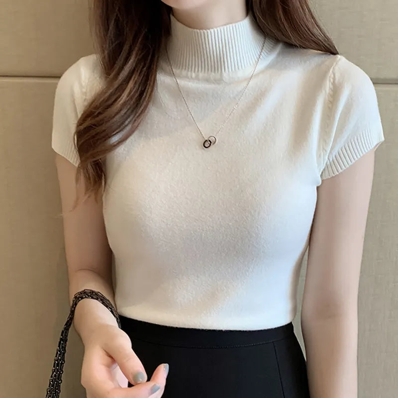 Casual roupas femininas coreano de malha superior blusas mujer de moda primavera verão nova sólida magro blusa de gola alta blusas 8622