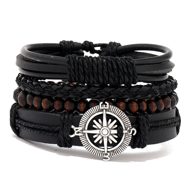 4Pcs/ Set Braided Wrap Leather Bracelets for Men Vintage Life Tree Rudder Charm Wood Beads Ethnic Tribal Wristband Rope Bracelet